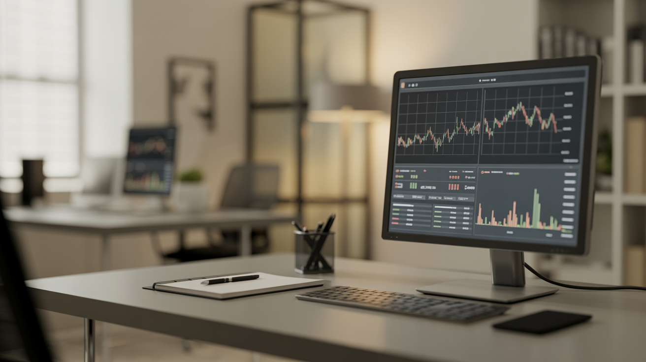 Modern office desk with computer displaying real estate KPI analytics, reflecting financial and operational performance tracking for strategic decision-making.