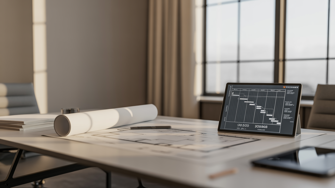 Project management office with blueprints and Gantt chart on table, showing planning for construction delays. Organized and professional.