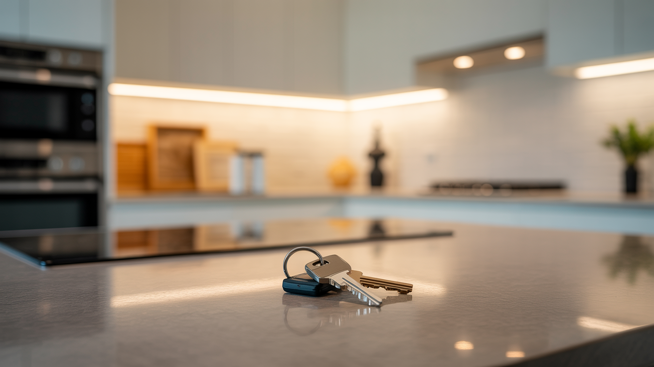 Turnkey property keys on modern kitchen counter of a move-in ready home, showcasing clean finishes and seamless real estate handover.