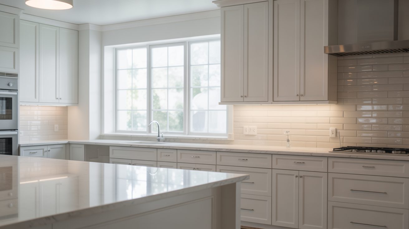Turnkey property risks shown by a modern kitchen with one misaligned tile on backsplash, hinting at hidden renovation defects.