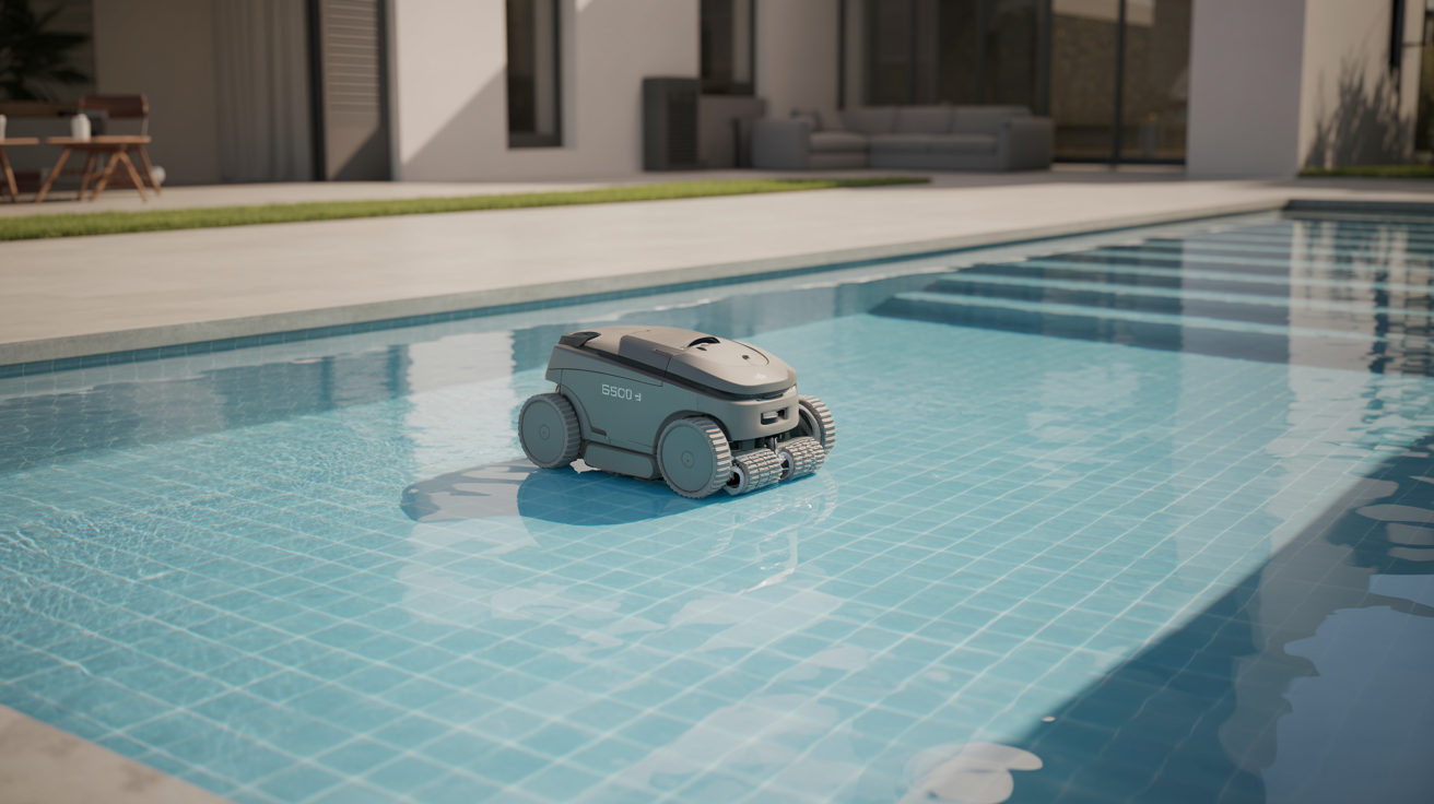 Robotic pool cleaner on tiled pool floor, showcasing advanced automated maintenance technology for pristine, clear swimming pool water.