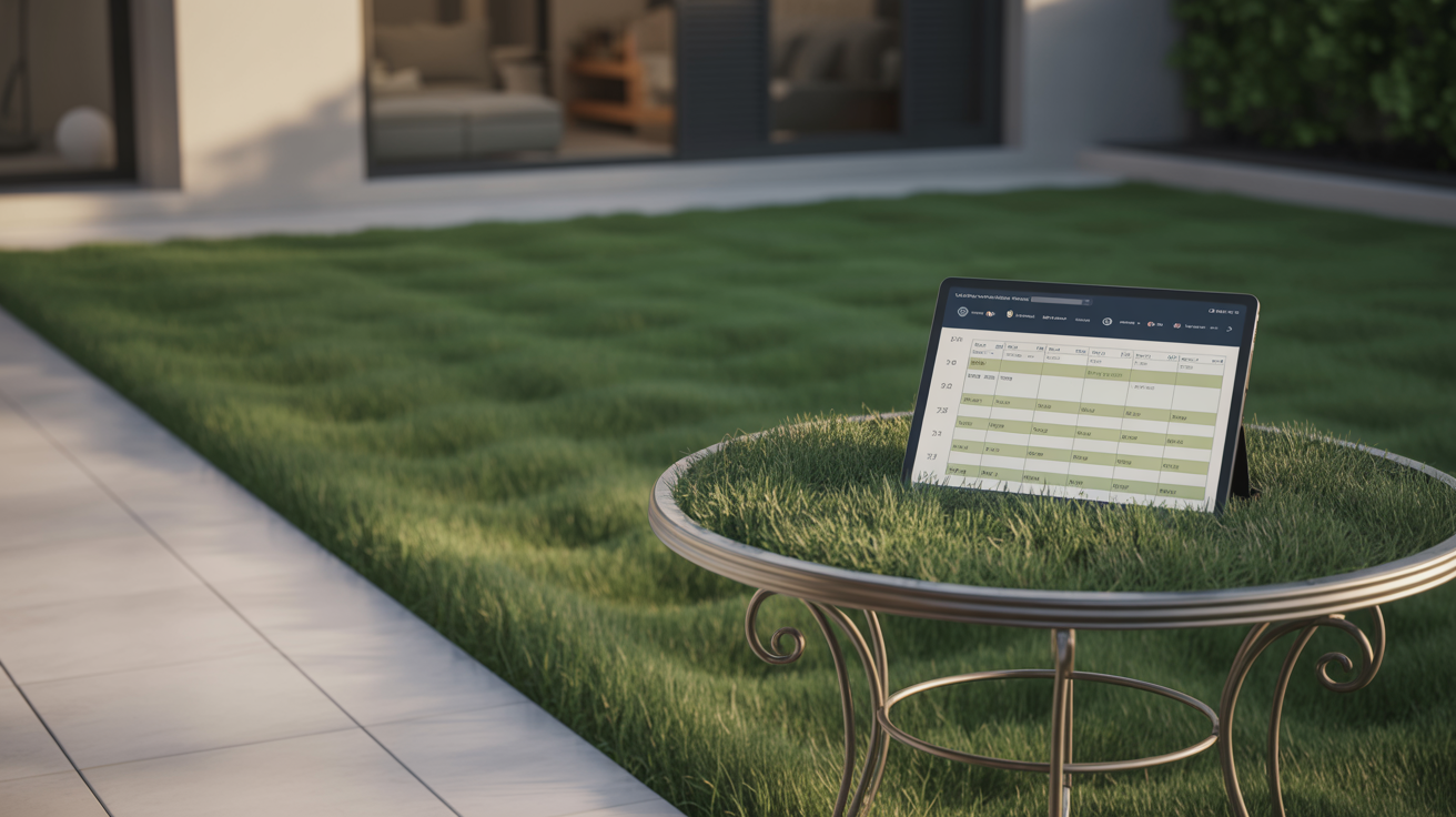 ALT TAG: Professional lawn care planning tablet on patio table by manicured lawn, signifying client expectation management and meticulous service.