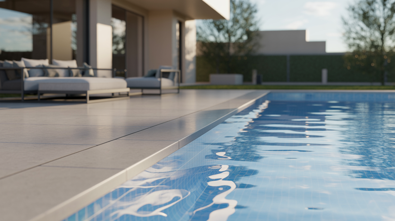 ALT TAG: Luxury swimming pool with sparkling clear water and modern stone patio, showcasing advanced technology and pristine, elegant design.