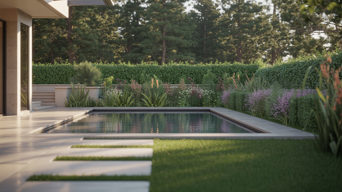 Luxurious pool and garden showcasing premium maintenance, with pristine blue water, manicured landscaping, and high-end stone decking; stunning and immaculate.