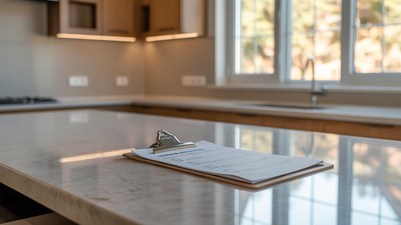 Snagging inspection checklist on a new home countertop, illustrating buyer rights and the importance of quality standards in new constructions.