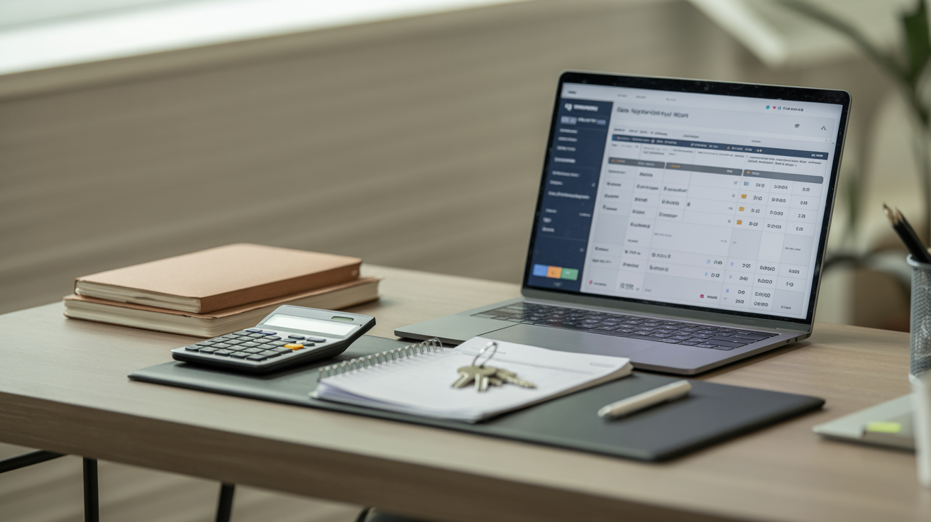 Property management accounting desk: laptop, financial ledgers, calculator, keys. Professional setup for real estate financial services.