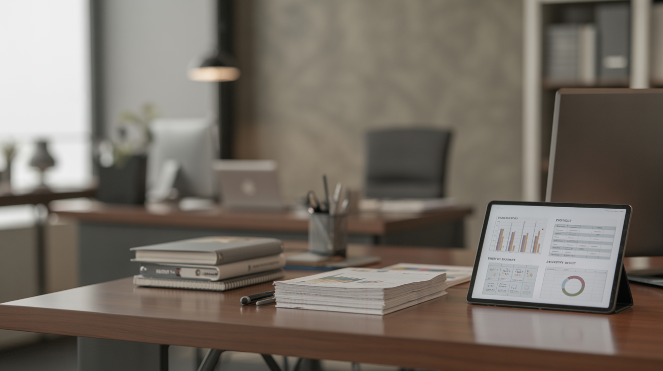 Modern office desk featuring organized research documents and supplier vetting checklists, symbolizing professional analysis and due diligence.