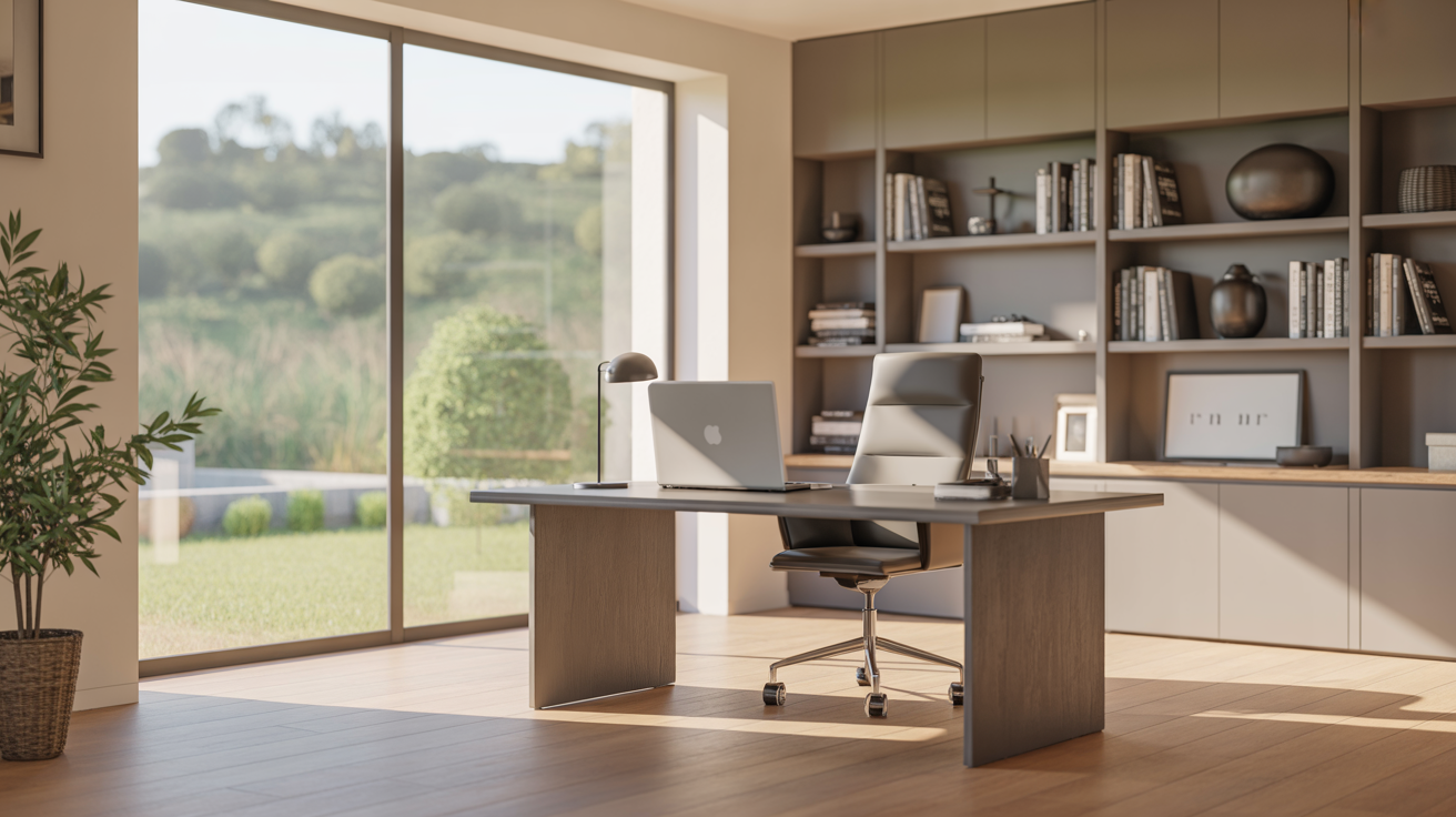 Modern home office with a clean desk, ergonomic chair, and natural light from a large window, designed for productivity and style.