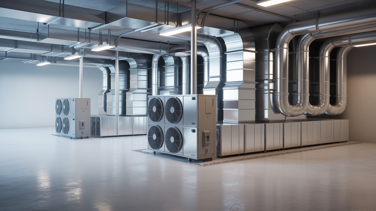 Commercial HVAC system in a pristine mechanical room, illustrating building maintenance schedule best practices for efficient and reliable operation.