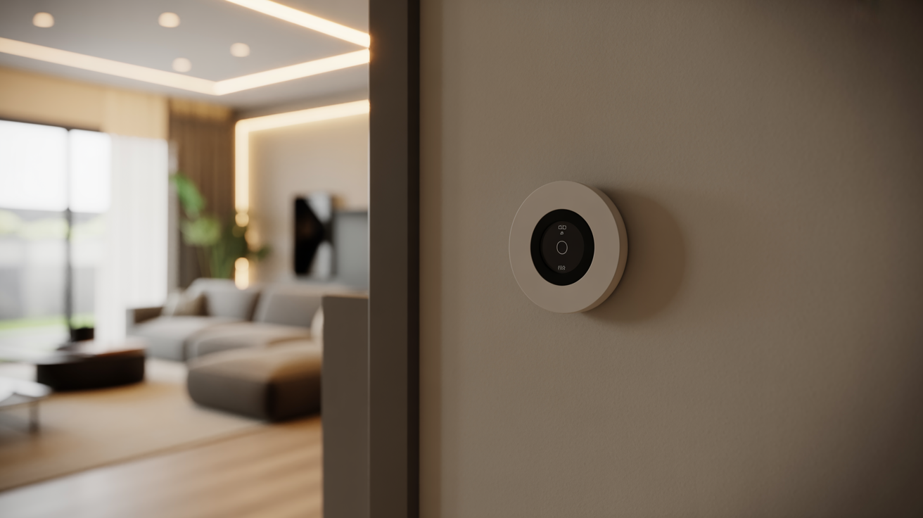 ALT TAG: Energy-efficient home interior with a smart thermostat on the wall and LED lighting, showcasing modern property upgrades and sustainable living features.