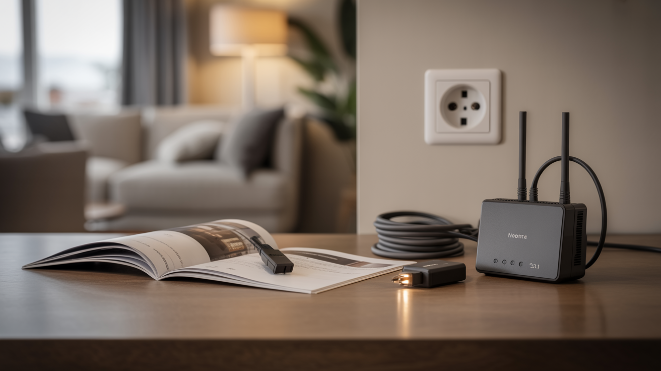 Internet self-install kit: modem, cables, manual on a desk by a wall outlet. DIY home network setup; clean, modern scene.