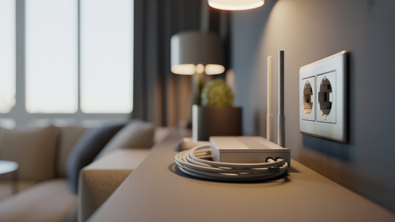 Home internet setup scene with router and ethernet cable on a desk, ready for installation in a new, modern residential property.