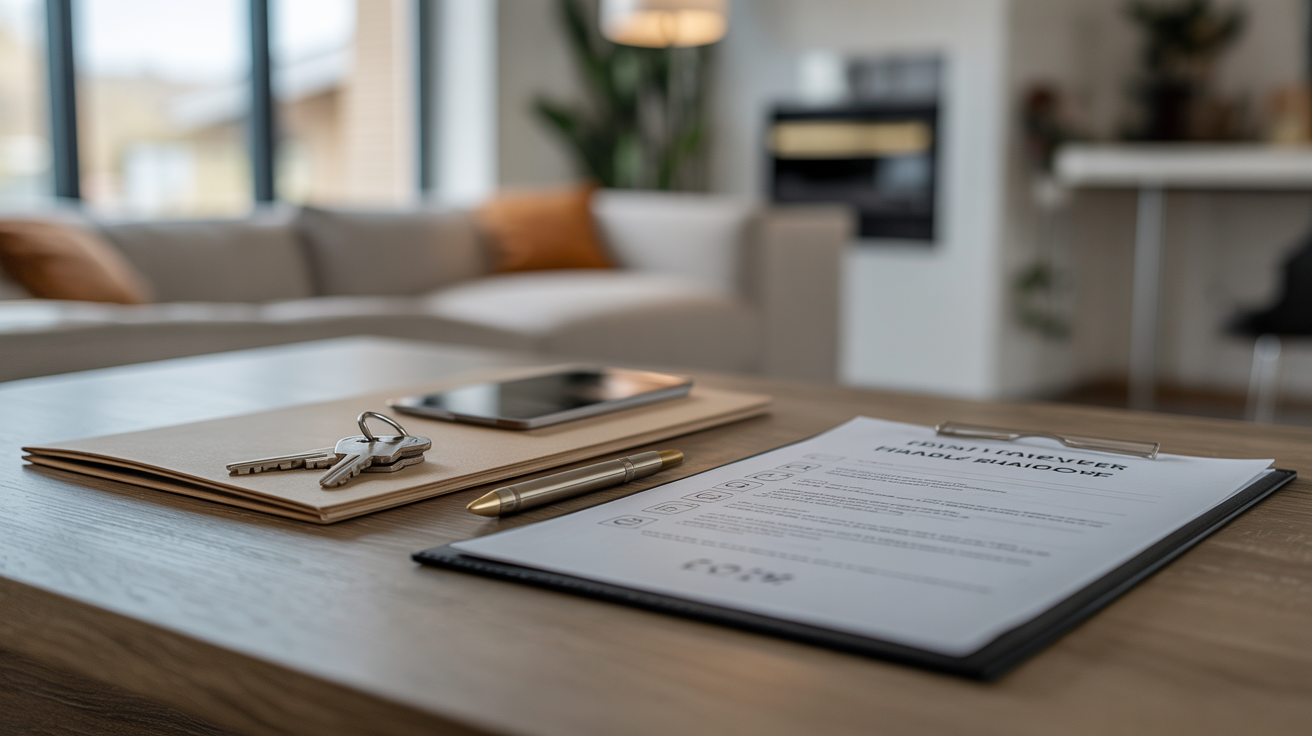 Property handover checklist, documents, and keys on a table, detailing a smooth real estate transfer and organized professional procedure.