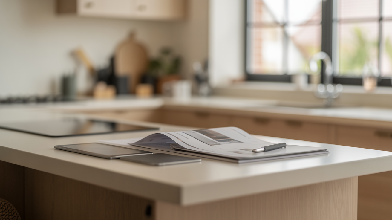 Construction handover documents and tablet on a modern desk, representing meticulous defect review and post-completion property management.