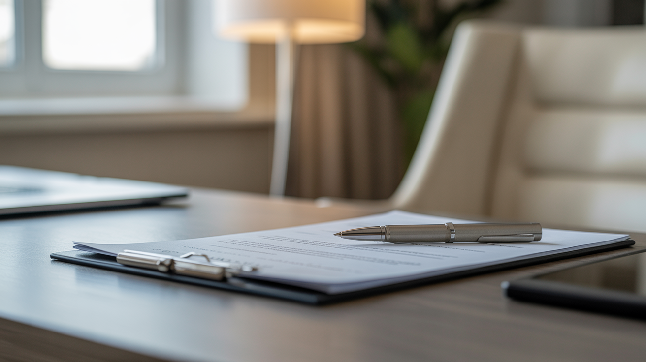 Settlement statement documents and pen on a modern wooden desk, showing financial review in property closing; professional, organized.