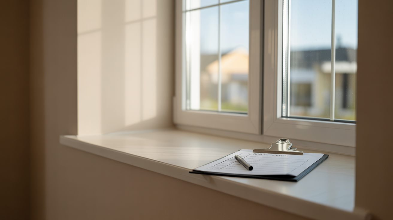 Snagging survey checklist on clipboard in a bright, newly built room, part of a meticulous pre-handover property inspection.