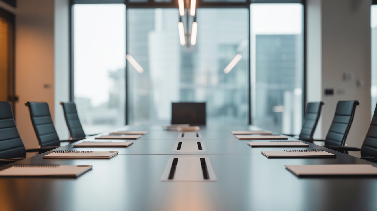 Central conference table in modern office, focus for liaison management, symbolizing project success through organized collaboration.